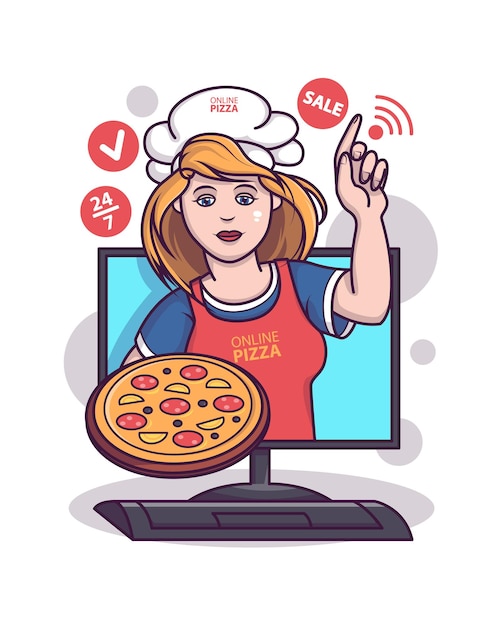 Chef profesional con pedido en línea de entrega de comida de restaurante de pizza a través del concepto de Internet