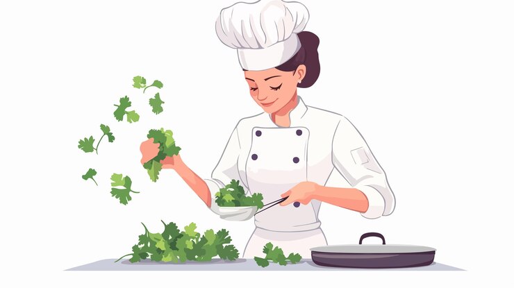 Vector chef profesional que organiza el cilantro con pinzas
