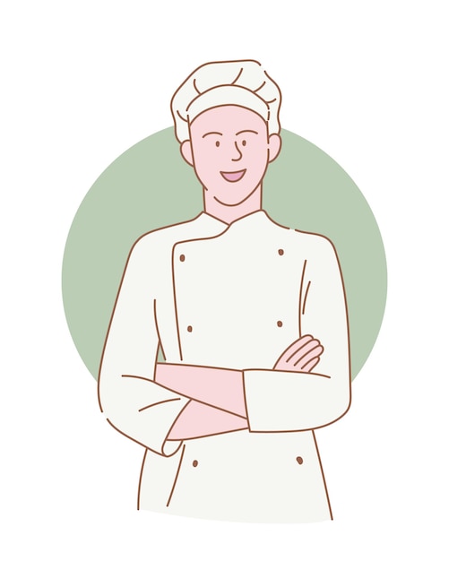 Chef profesional con sonrisa y brazos cruzados con contorno o línea y estilo simple y limpio
