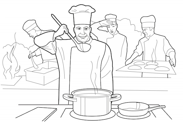 Chef prueba sopa. Proceso de cocción con figuras en la mesa del restaurante.