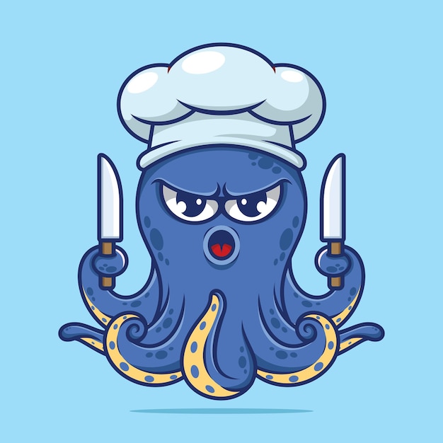 Vector chef de pulpo lindo con cuchillo con vector de dibujos animados de sombrero de chef