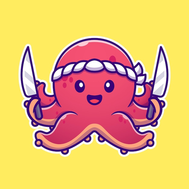 Chef de pulpo sosteniendo la ilustración del icono de dibujos animados de cuchillo.