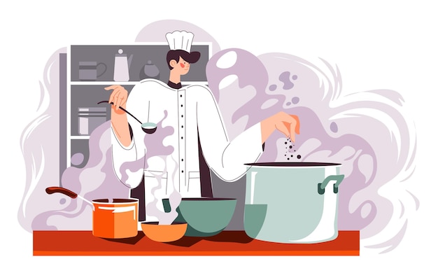 Chef de restaurante cocinando comida para clientes y clientes. Cocina comedor o bistro, hombre preparando comidas con utensilios de cocina. Preparación de platos, saboreando sopa caliente de la sartén. Vector en estilo plano