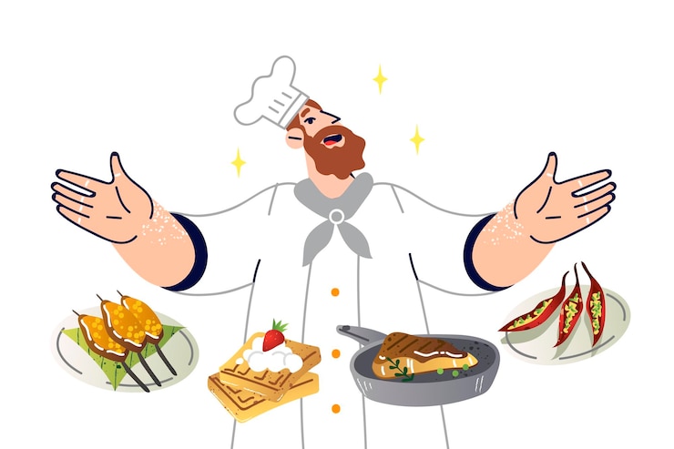 Vector el chef del restaurante demuestra los platos de la oferta del menú para probar nuevas delicias culinarias
