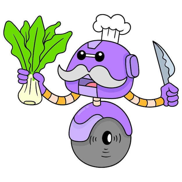 El chef robot lleva lechuga como ingrediente alimentario para cocinar, arte de ilustración vectorial. imagen de icono de doodle kawaii.