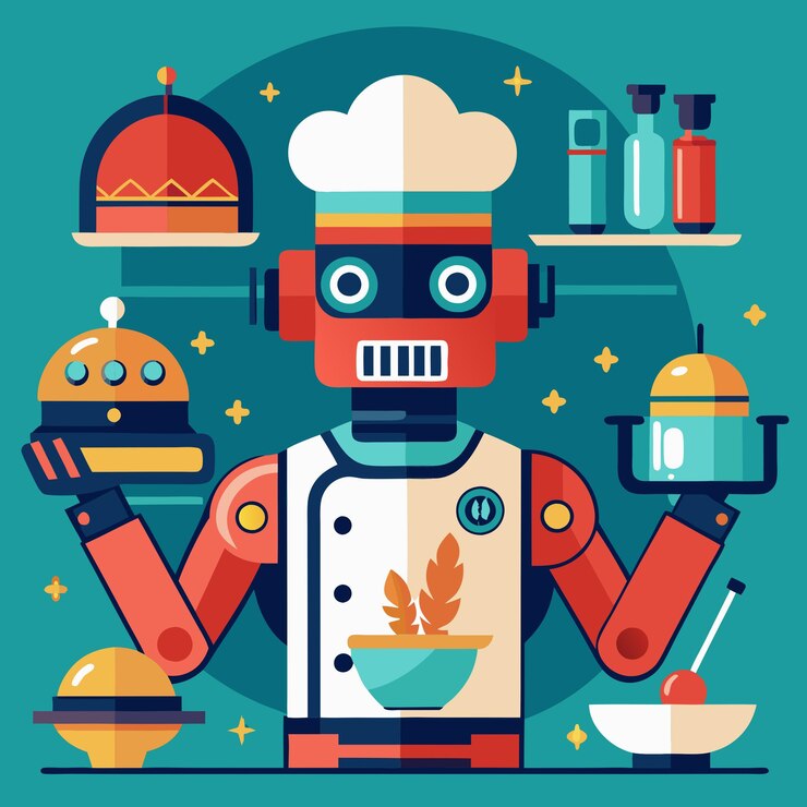 Vector un chef robot prepara una deliciosa comida