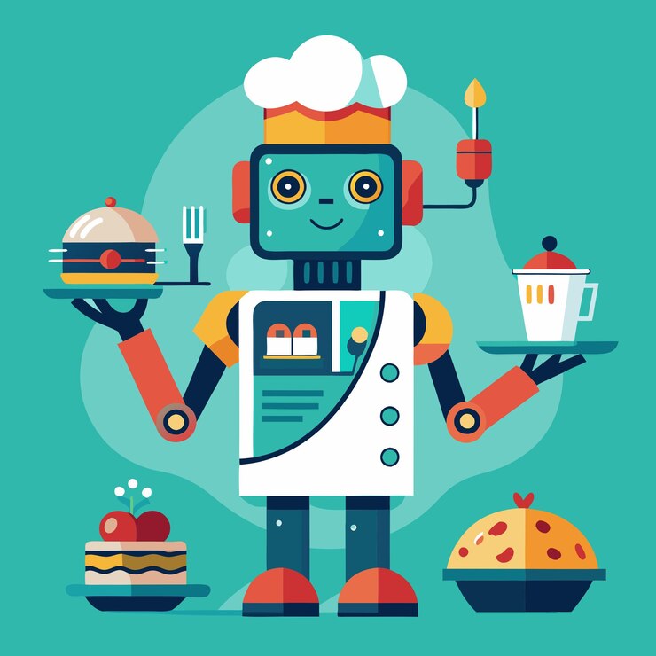 Vector un chef robot sirve una comida deliciosa