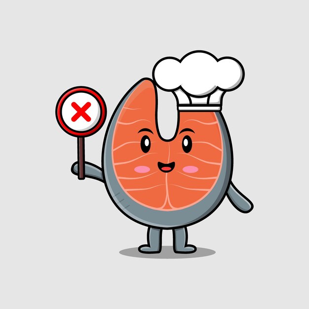 chef de salmón fresco de dibujos animados lindo sosteniendo un letrero incorrecto en la ilustración de carácter vectorial