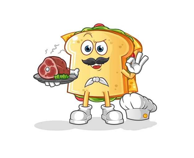 El chef de sándwich con mascota de carácter de carne.