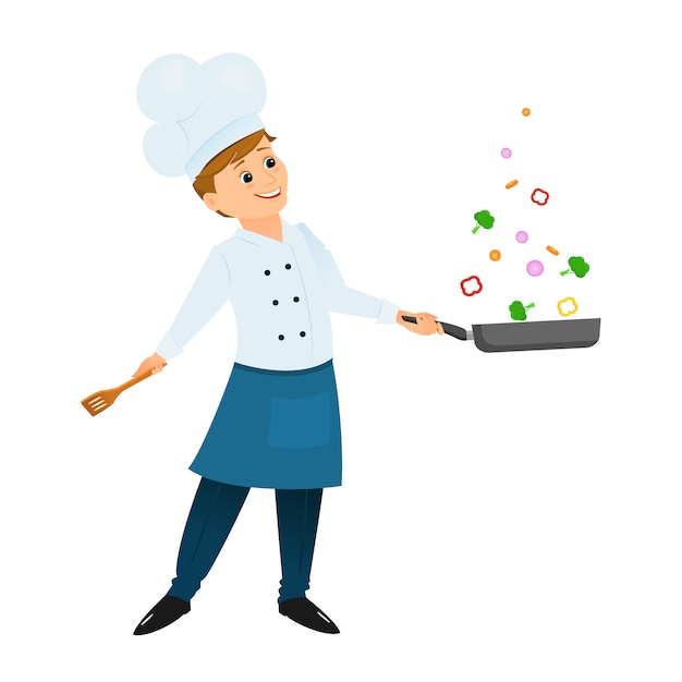 Chef con una sartén. ilustracion vectorial aislado