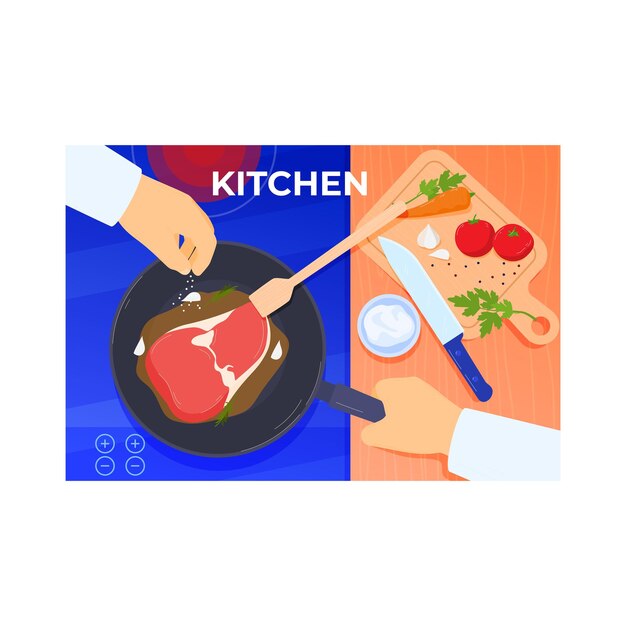 Chef sazonando bistec en una sartén cocinando carne en la estufa fondo de la cocina preparación culinaria