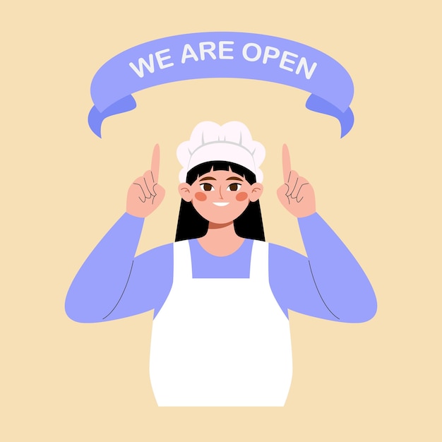 La chef señala el diseño plano de la pancarta "Estamos abiertos"