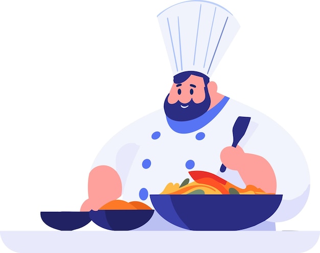 Chef con sobrepeso cocinando en la cocina en estilo plano aislado en el fondo