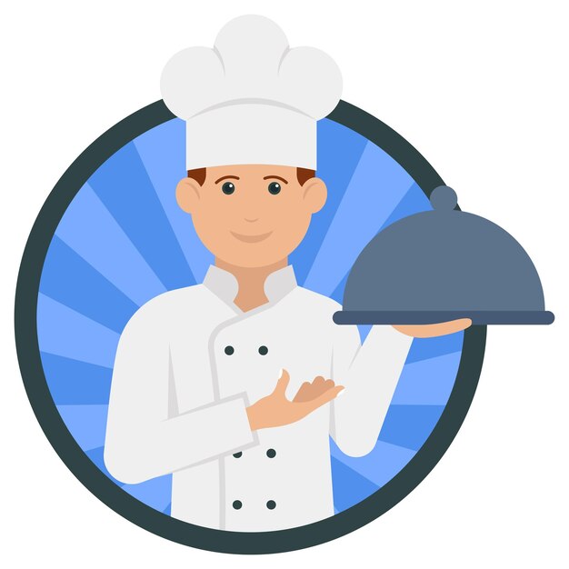 Chef con sombrero de toque y sosteniendo la cubierta de la placa Cloche Concept Asistente de cocina Camarero Vector Round