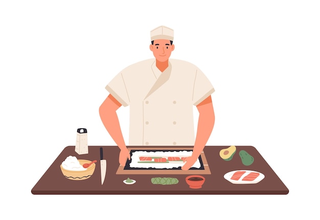 Chef sonriente cocinando sushi en la mesa de la cocina vector ilustración plana. kitchener profesional que hace la comida japonesa tradicional aislada. proceso de preparación de platos asiáticos con ingredientes frescos.