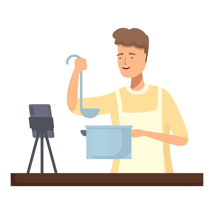 Vector el chef sonriente filmando un programa de cocina