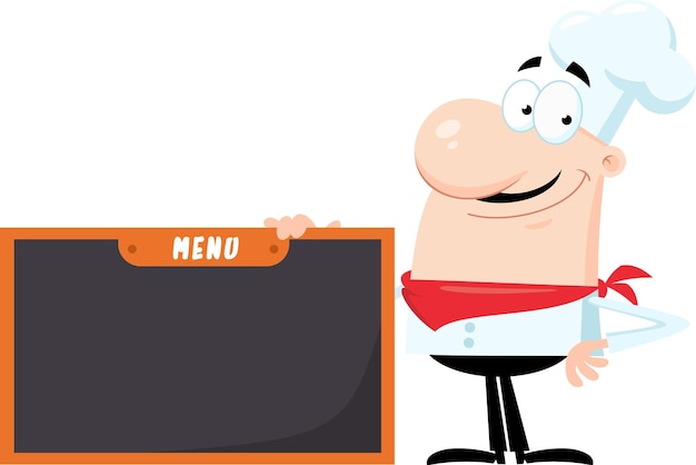Chef sonriente personaje de dibujos animados sosteniendo el tablero del menú