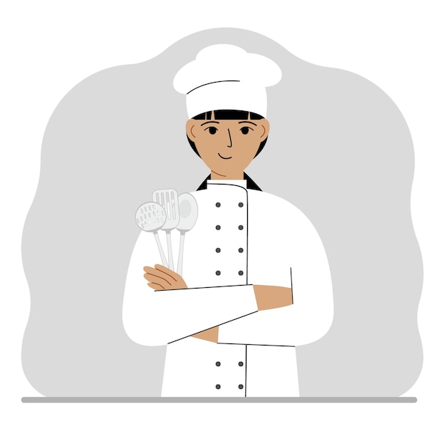 Chef sonriente sostiene un juego de cubiertos de cocina en su profesión de mano