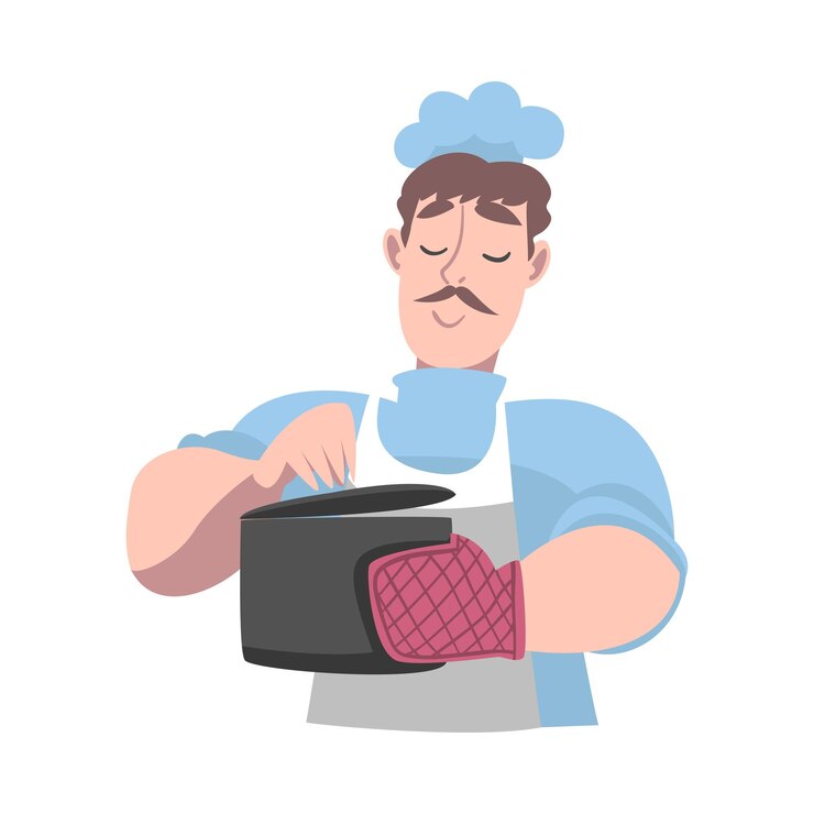 Vector chef sosteniendo una sartén caliente cocinero personaje con sombrero y delantal cocinando en la cocina ilustración vectorial al estilo de dibujos animados