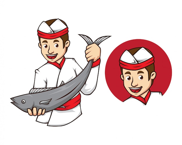 Chef de sushi con mascota de pescado