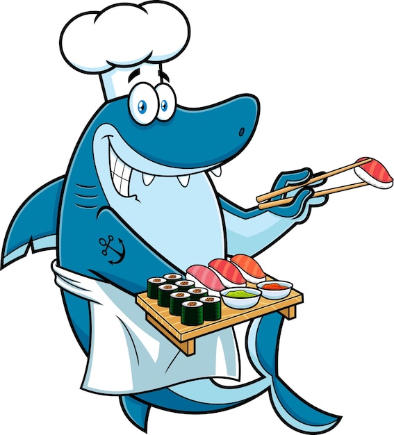 Chef Sushi Tiburón Personaje Dibujos Animados Mostrando Conjunto Sushi Mariscos