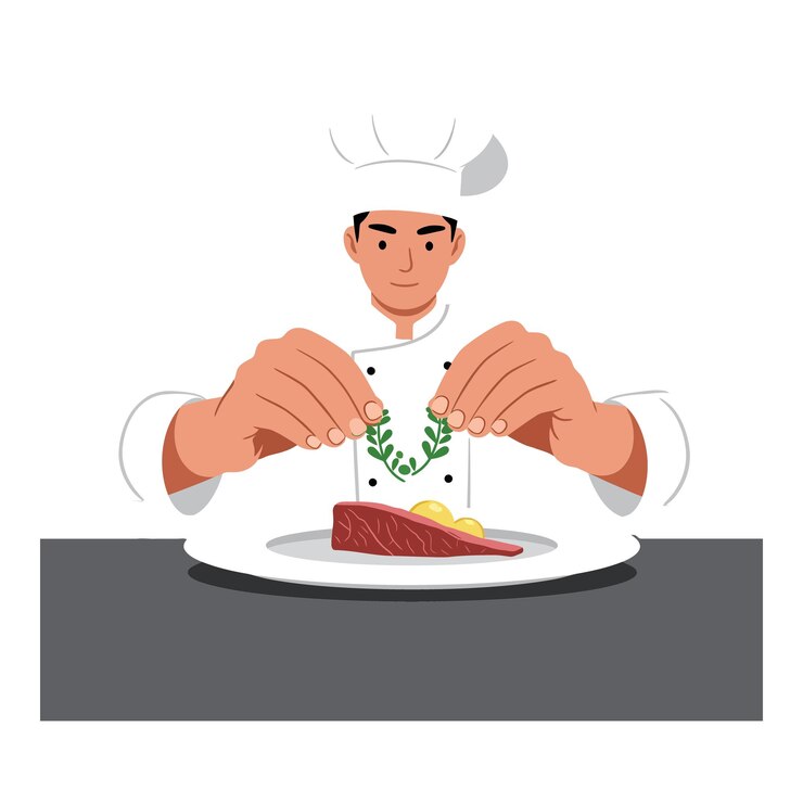 Vector chef en uniforme blanco adornando meticulosamente un plato gourmet con hierbas en una ilustración vectorial plana