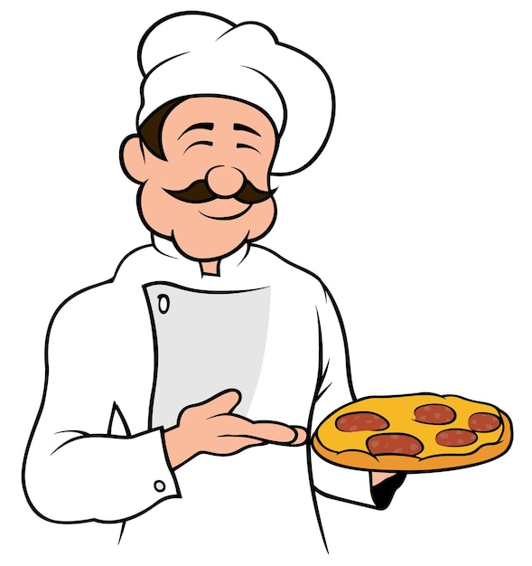 Chef en uniforme blanco presentando deliciosa pizza como ilustración de dibujos animados