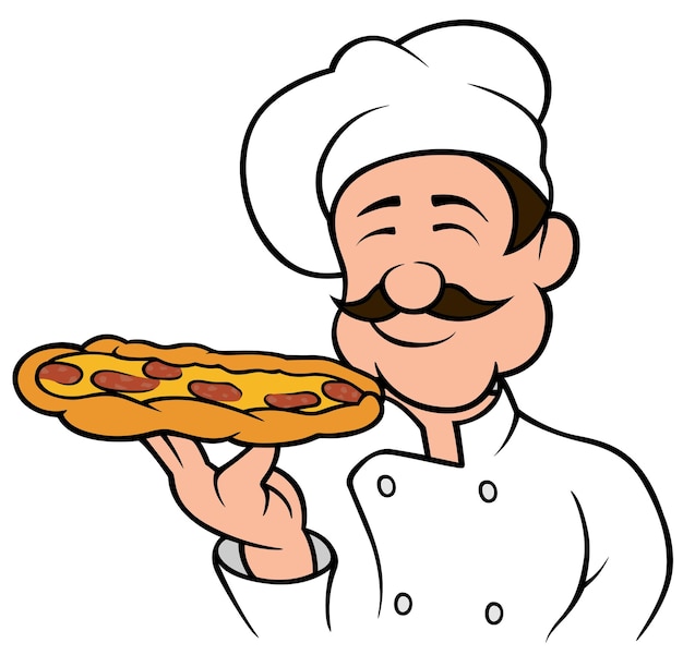 Chef en uniforme blanco sosteniendo una pizza al horno en su mano como ilustración de dibujos animados