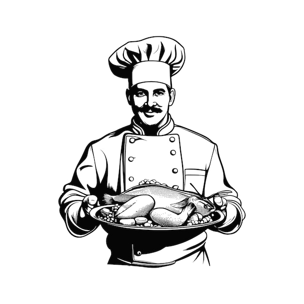 Chef vectorial con plato en las manos boceto de logotipo dibujado a mano en ilustración de estilo doodle