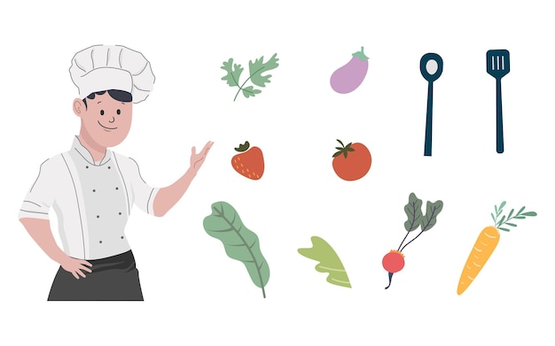 Chef vegetariano vegano cocinero ilustración con verduras ingredientes vector clipart