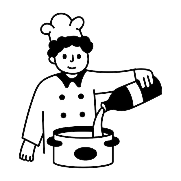 Un chef vertiendo condimento en una ilustración de estilo doodle de comida