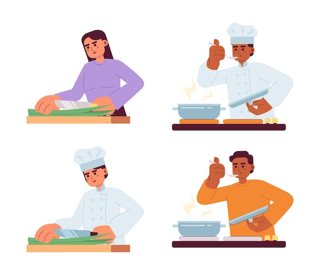 Chefs cocinando personajes vectoriales coloridos semiplanos