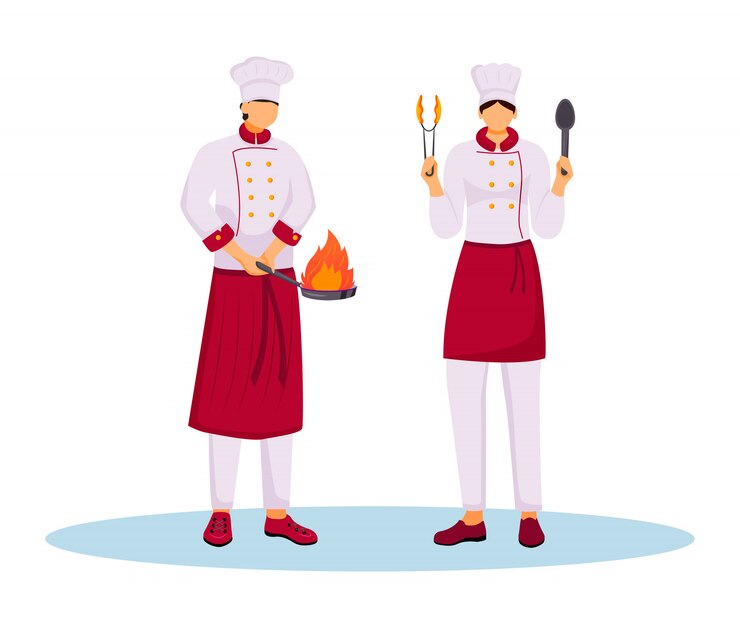 Vector chefs del hotel en la ilustración de color uniforme. personal de cocina, personal de servicio, trabajadores de restaurantes. dos cocineros con personajes de dibujos animados de utensilios de cocina sobre fondo blanco.