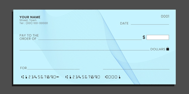 Cheque bancario en blanco plantilla de comprobación de escritorio personal con campo vacío para llenar plantilla de cheque de libro de cheques