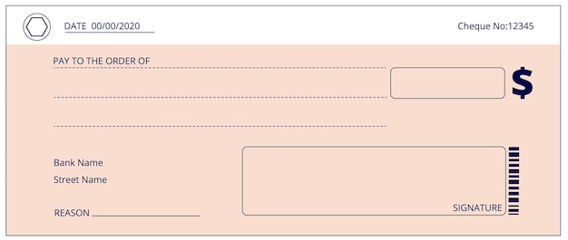 Cheque bancario. cheques comerciales en blanco, cheque de donación de dinero. plantilla de página de chequera vacía. diseño de pago simple, fondo de vector de pago falso. finanzas de cheques comerciales, ilustración vacía de cheques financieros