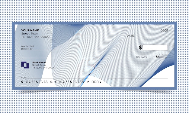 Cheque en blanco, diseño de cheque bancario, formato vectorial