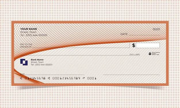 Cheque en blanco, diseño de cheque bancario, formato vectorial