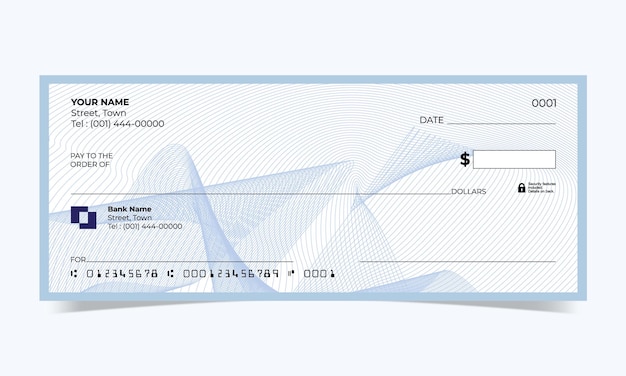 Cheque en blanco, diseño de cheque bancario, formato vectorial