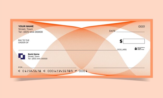 Cheque en blanco, diseño de cheque bancario, formato vectorial