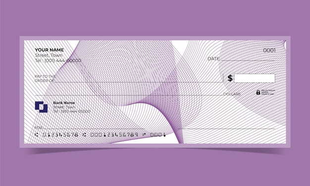 Cheque en blanco, diseño de cheque bancario, formato vectorial