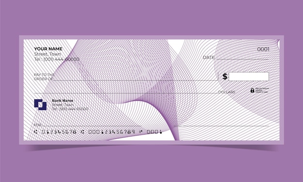 Cheque en blanco, diseño de cheque bancario, formato vectorial