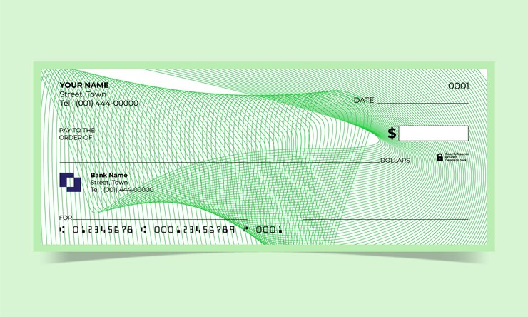 Cheque en blanco, diseño de cheque bancario, formato vectorial