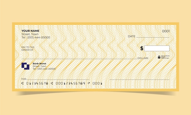 Cheque en blanco, diseño de cheque bancario, formato vectorial