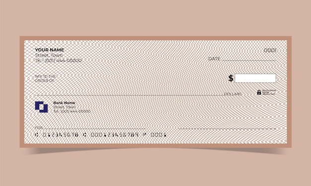 Cheque en blanco, diseño de cheque bancario, formato vectorial