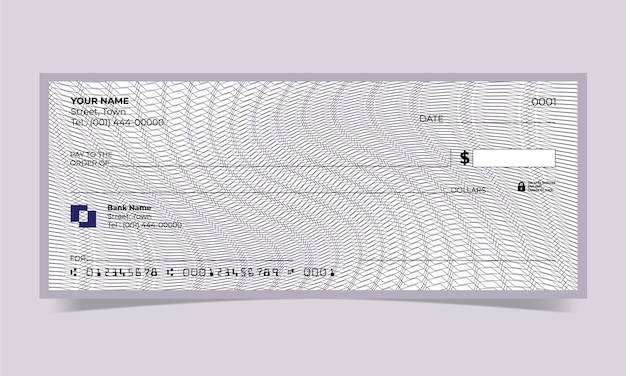 Cheque en blanco, diseño de cheque bancario, formato vectorial