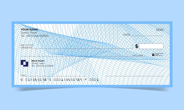 Cheque en blanco, diseño de cheque bancario, formato vectorial