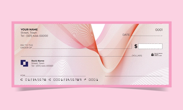 Cheque en blanco, diseño de cheque bancario, formato vectorial