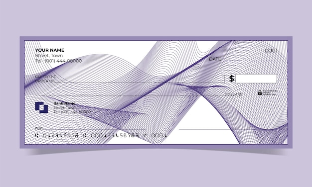 Cheque en blanco, diseño de cheque bancario, formato vectorial