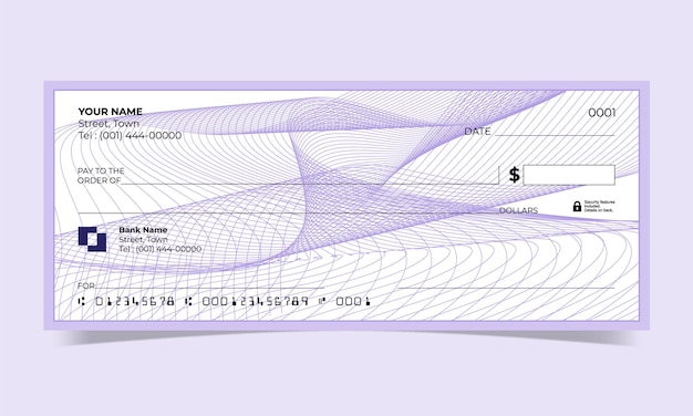 Cheque en blanco, diseño de cheque bancario, formato vectorial