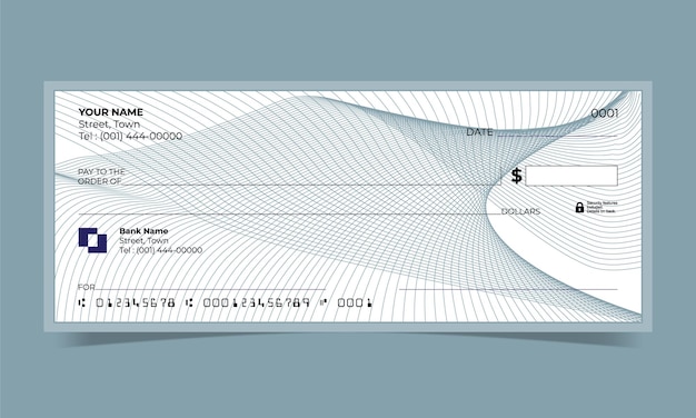 Cheque en blanco, diseño de cheque bancario, formato vectorial